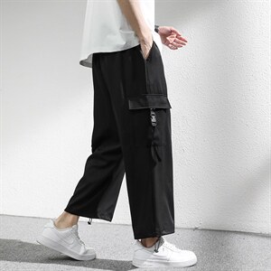 7XL-M痞帅条纹裤子男夏新款港风宽松直筒裤加肥加大码垂感九分裤图片