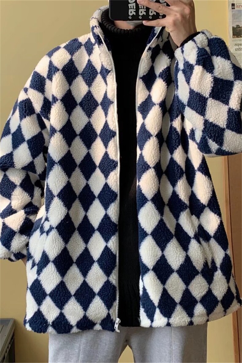 秋冬季棋盘格羊羔绒棉服男港风百搭宽松棉衣学生棉袄W2141-P70,男装棉衣,星座512-2