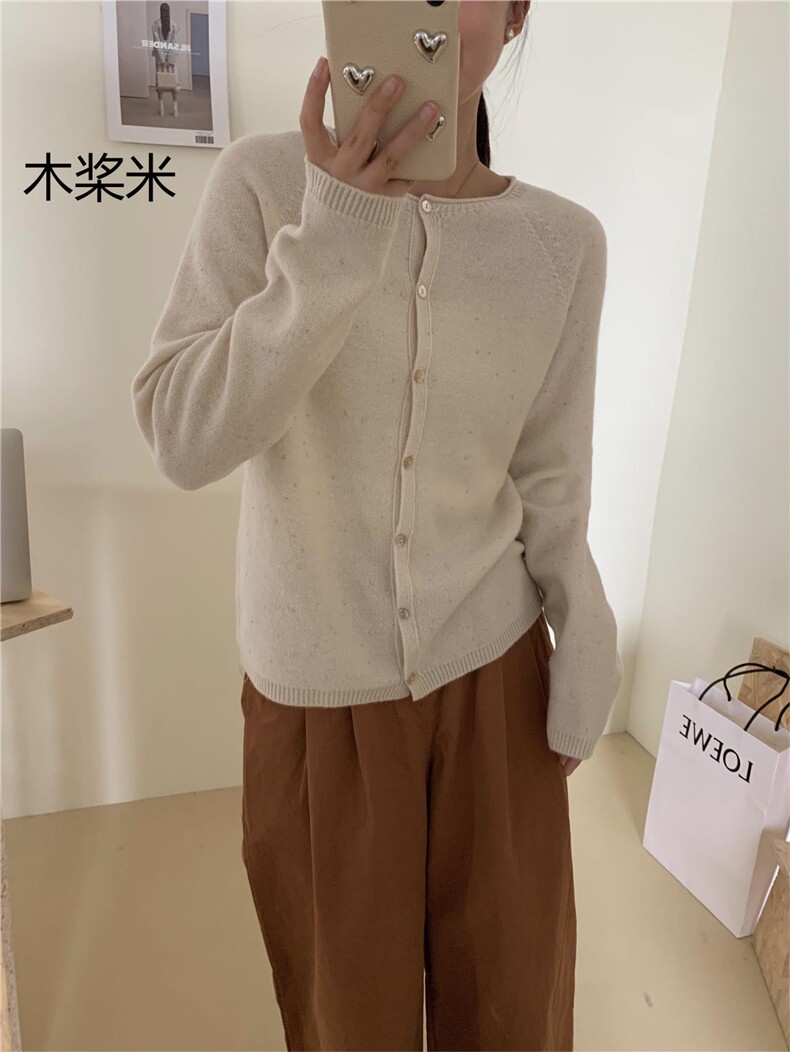 时尚百搭女士秋冬圆领金豆纱针织开衫纯色长袖羊毛衫,女装羊毛衫,牧思羊