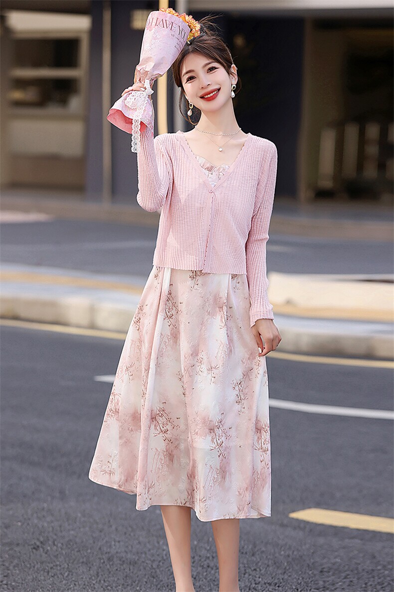 法式温柔碎花连衣裙套装女2025春夏新款时尚防晒开衫吊带裙两件套,女装连衣裙,意芙