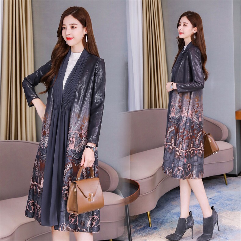 风衣女中长款2021春秋季新款印花麂皮绒大衣chic外套过膝,女装风衣,香香
