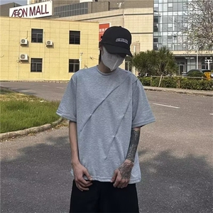 活页剪裁短袖T恤男夏美式高街解构圆领套头衫潮牌设计感宽松体恤图片