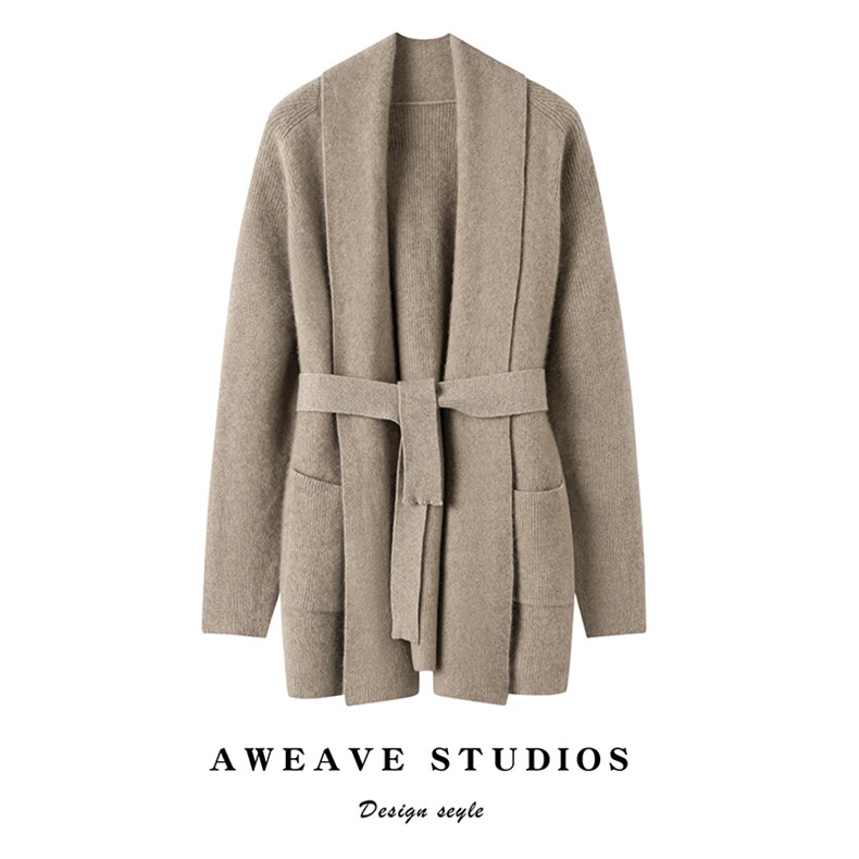 2025春秋新款羊绒衫女100纯山羊绒加厚纯色外套气质系带针织开衫，女装羊绒衫，咔绒特