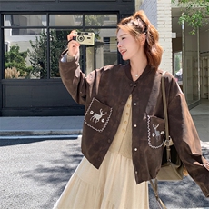 棕色复古刺绣棒球服外套女2025秋季新款韩版宽松减龄小个子夹克潮，女装短外套，2C299