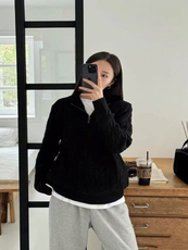 2025年秋季宽松型时尚百搭通勤简约休闲半拉链麻花，女装针织衫/毛衣，美莎羊绒