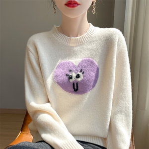 2025年秋季圆领长袖单件套头爱心提花时尚百搭通勤针织衫，女装针织衫/毛衣，伊绒腾羊绒