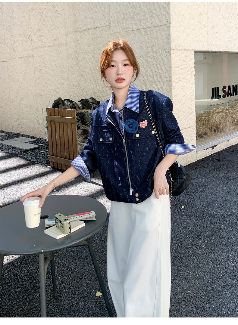 气质高级感短夹克深蓝色假两件衬衫领小香风外套女秋,女装短外套,浙宝238