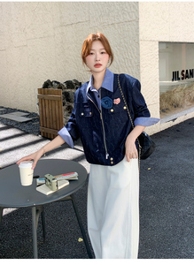 气质高级感短夹克深蓝色假两件衬衫领小香风外套女秋图片
