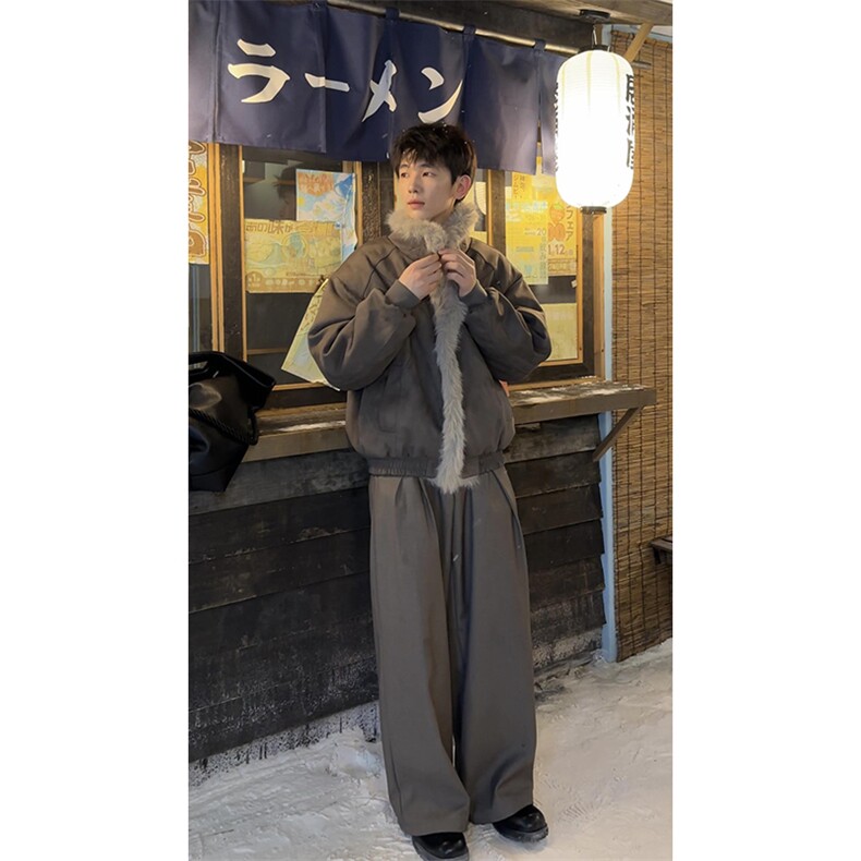 现货重磅硬挺boxy羽绒棉衣座山雕大毛毛领洗水麂皮棉服冬外套,男装棉衣,电商A486