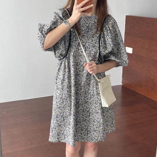 撞色包条褶皱碎花中长款连衣裙，女装连衣裙，TVMV(4F)