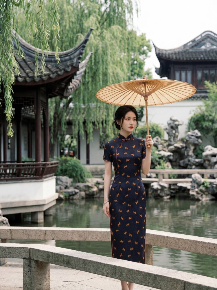 夏季新品时尚气质金丝提花香云纱品质真丝喜庆中长款旗袍裙,女装汉服/婚纱/旗袍/礼服,媚琳依坊