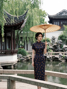 夏季新品时尚气质金丝提花香云纱品质真丝喜庆中长款旗袍裙图片