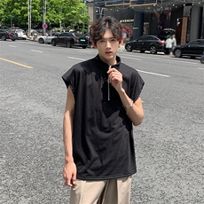 现货夏季薄款宽松宽肩无袖立领运动坎肩背心纯色拉链t恤BX08-P35，男装T恤，星座205-5