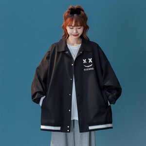 中性风  秋季宽松休闲棒球服纯色笑脸情侣外套女G6720 P65控78图片