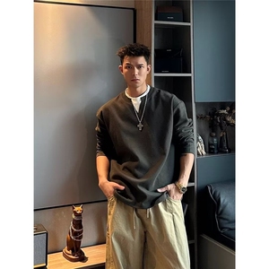 美式复古假两件卫衣男士秋季2025新款亨利衫宽松肌理感华夫格上衣图片