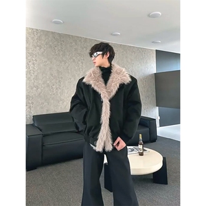 现货重磅硬挺boxy羽绒棉衣座山雕大毛毛领洗水麂皮棉服冬外套,男装棉衣,电商A486-1