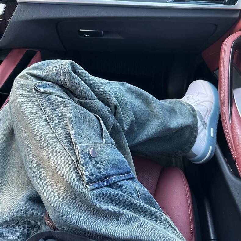 工装牛仔裤男秋冬美式高街宽松阔腿直筒裤多口袋休闲裤K70377-p53,男装休闲裤,星座1008