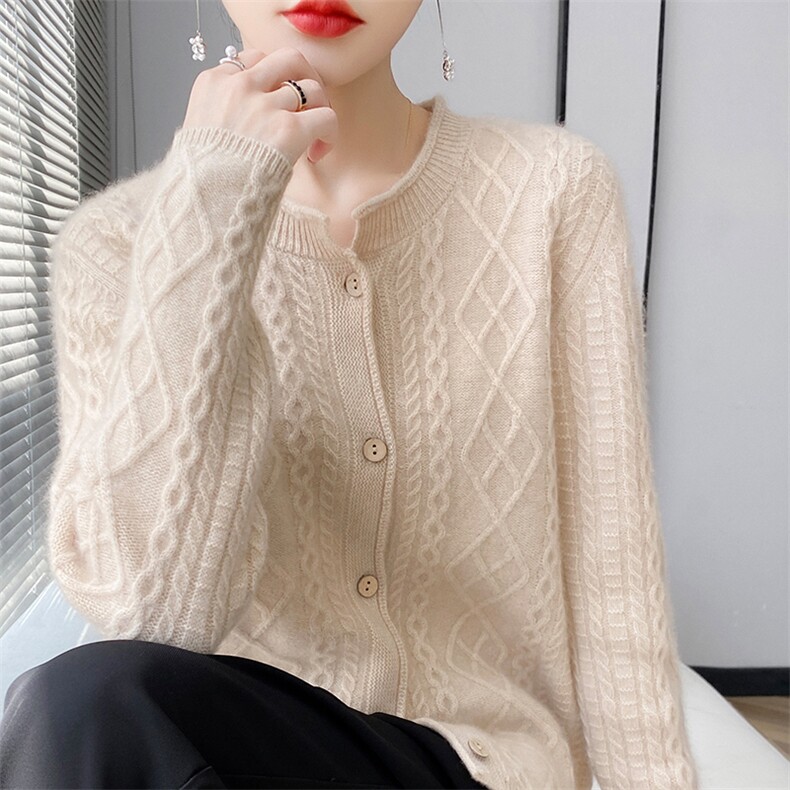 圆领羊毛开衫女短款2024年秋冬新款宽松显瘦,女装羊毛衫,耀日羊绒