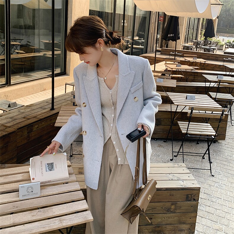 时尚女装双面羊毛大衣显瘦长款西装领双排扣外套气质百搭秋冬新品，女装双面呢大衣，丝露怡语