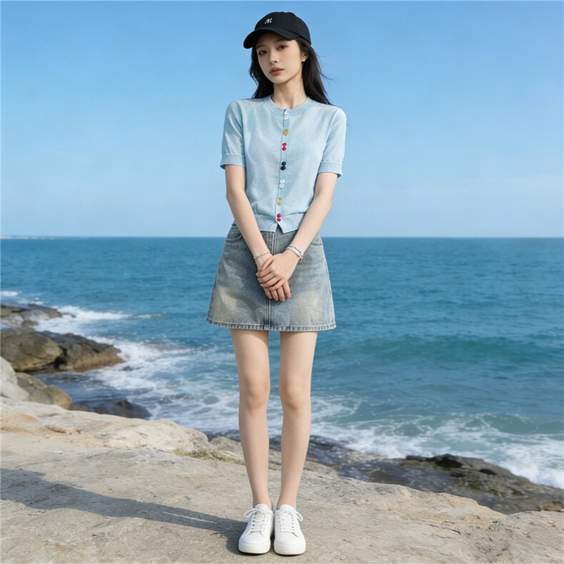 欧货时尚设计感套装女夏新款圆领彩色纽扣针织衫短袖牛仔裙两件套，女装套装/套裙，江南