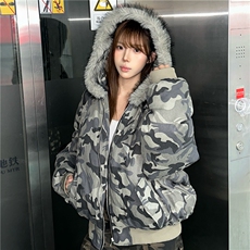 水洗做旧迷彩插肩袖连帽毛领棉衣棉服夹克潮12245-p98，男装夹克，电商C307