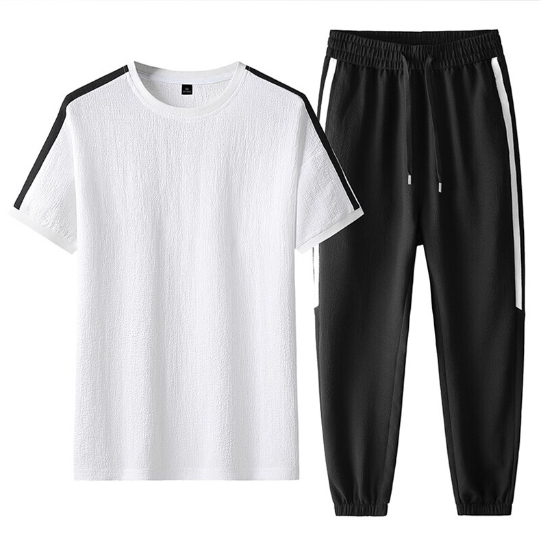 夏季新款主推青少年大码港风潮流透气泡泡格两件套套装男D06P60,男装休闲套装,电商B226-2（原B217-2）
