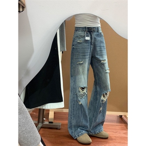 美式复古破洞牛仔裤夏季新款水洗高腰宽松直筒阔腿拖地裤 NX8020图片