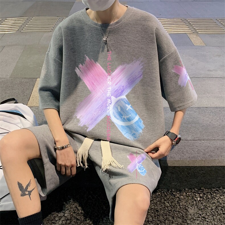 套装！夏季华夫格套装男T恤短裤男两件套大码港风TZ13-P50图片