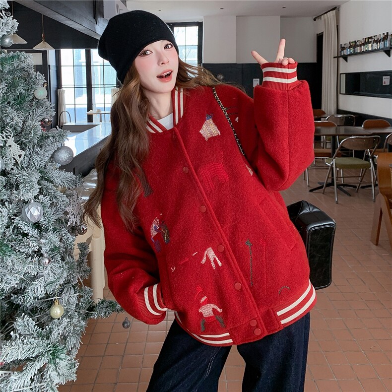 2025红色休闲韩系条纹棒球服外套女毛绒绒冬季羽绒服保暖上衣新款,女装羽绒服,艾米莉亚