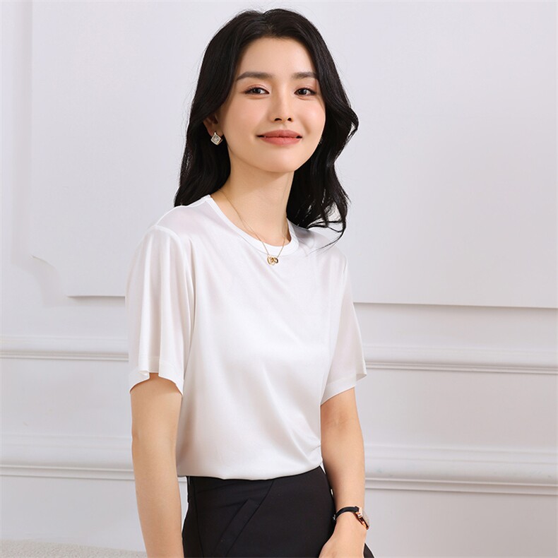 2025夏季新款醋酸缎面圆领套头短袖女士纯色简约气质丝滑透气T恤,女装T恤,伊绒腾羊绒