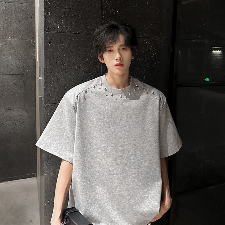 现货T恤垫肩美式复古高街手工珍珠设计潮男短袖A071-T63-P45,男装T恤,电商A071