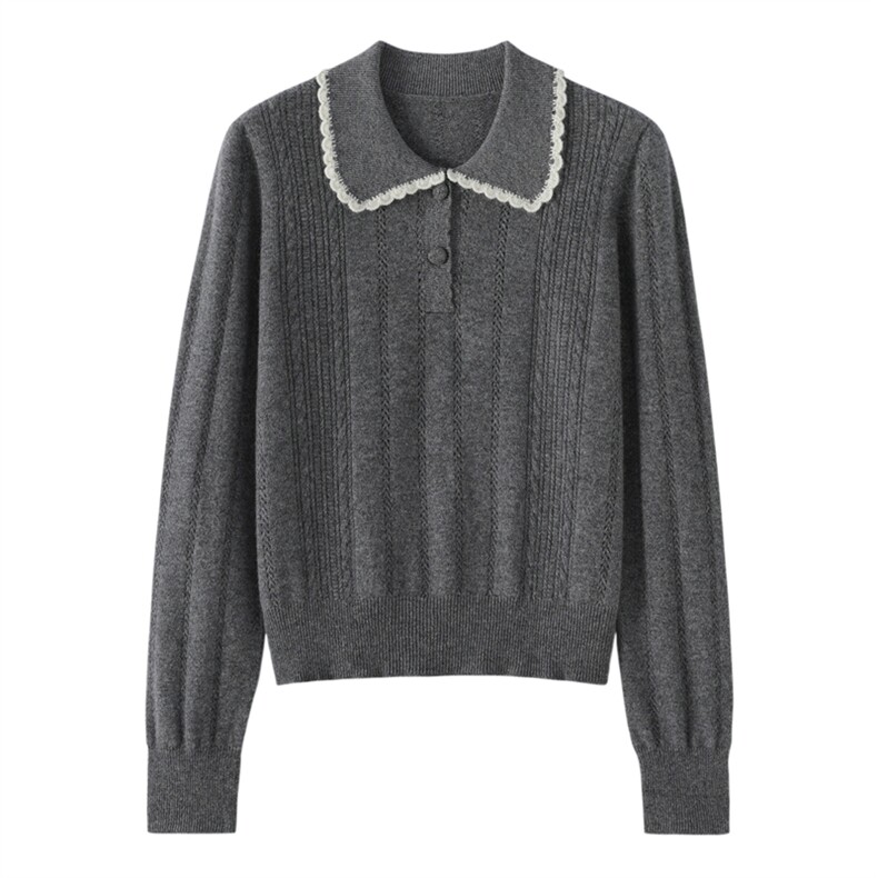 2025年秋季时尚百搭通勤简约休闲钩花翻领时尚吧休闲羊绒衫，女装羊绒衫，东业羊绒
