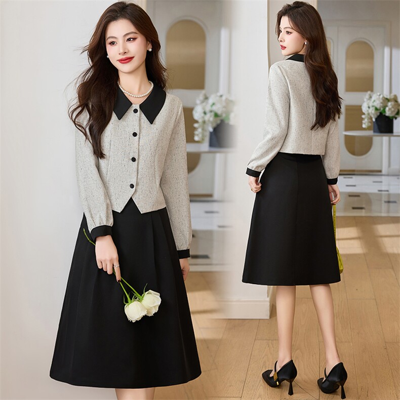 2025春秋新款套装裙优雅小香风短款外套A字半身裙气质显瘦连衣裙，女装套装/套裙，欣贝拉