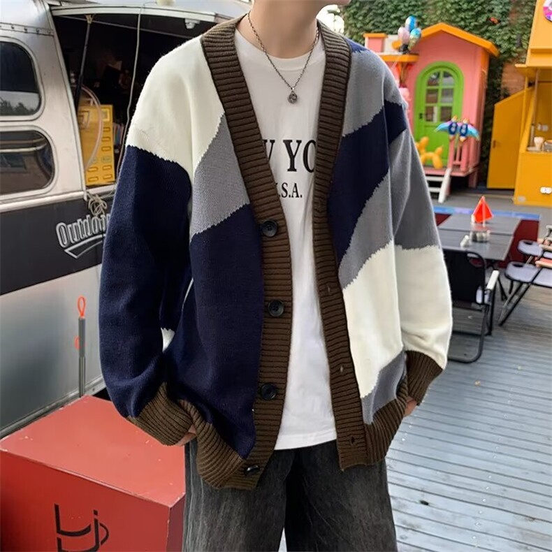 黑白拼色仿水貂绒毛衣外套男2024秋装宽松外穿针织开衫M7028,男装针织衫/毛衣,星座1116A-1（原606A）