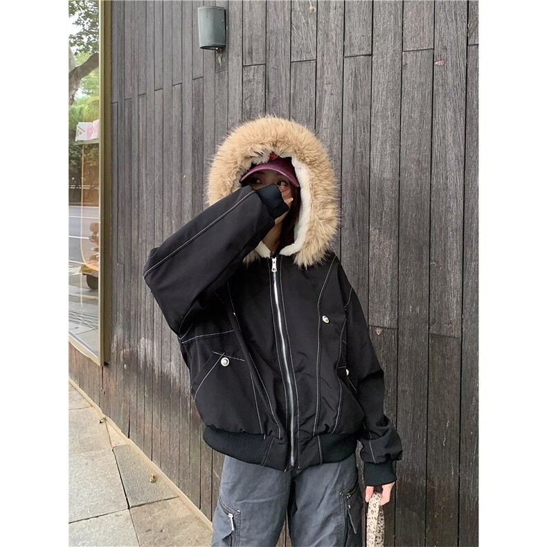 冬季保暖毛领连帽加绒夹克外套美式工装风派克服棉衣,男装夹克,星座506A