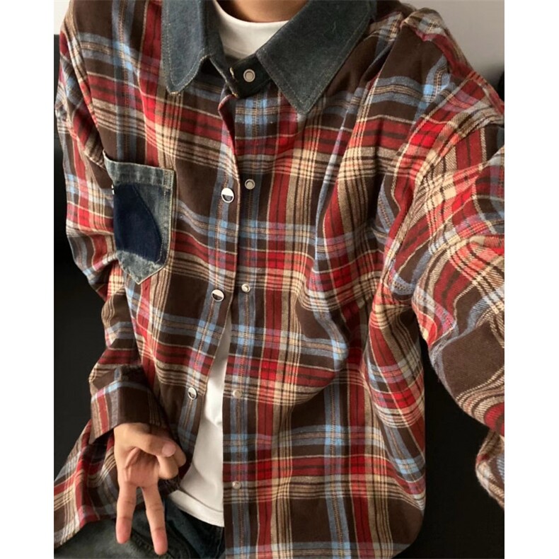 CS29-P50春秋美式男女格子拼接长袖衬衫牛仔拼接开衫外套,男装衬衫,电商B327