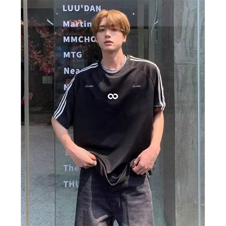 抖音得物高品质二开240克宽松纯棉美式潮牌三条杠织带短袖T恤，男装T恤，电商A486-1