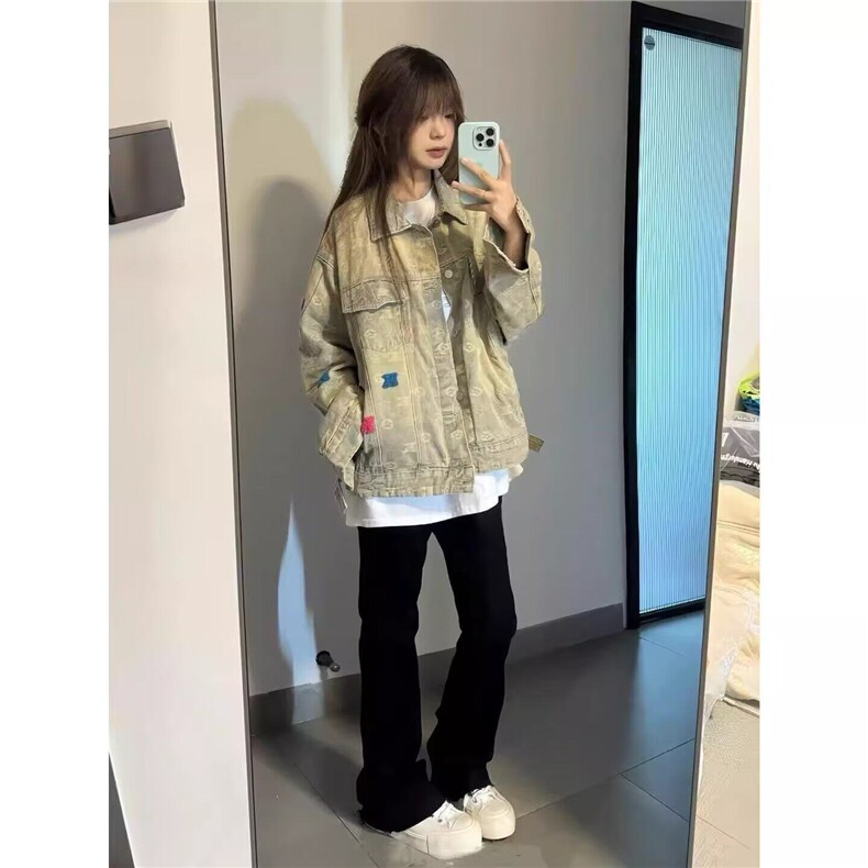 现货美式高街轻奢感法系背面提花翻领水洗做旧毛巾绣宽松牛仔外套，男装工装外套，星座302B-3