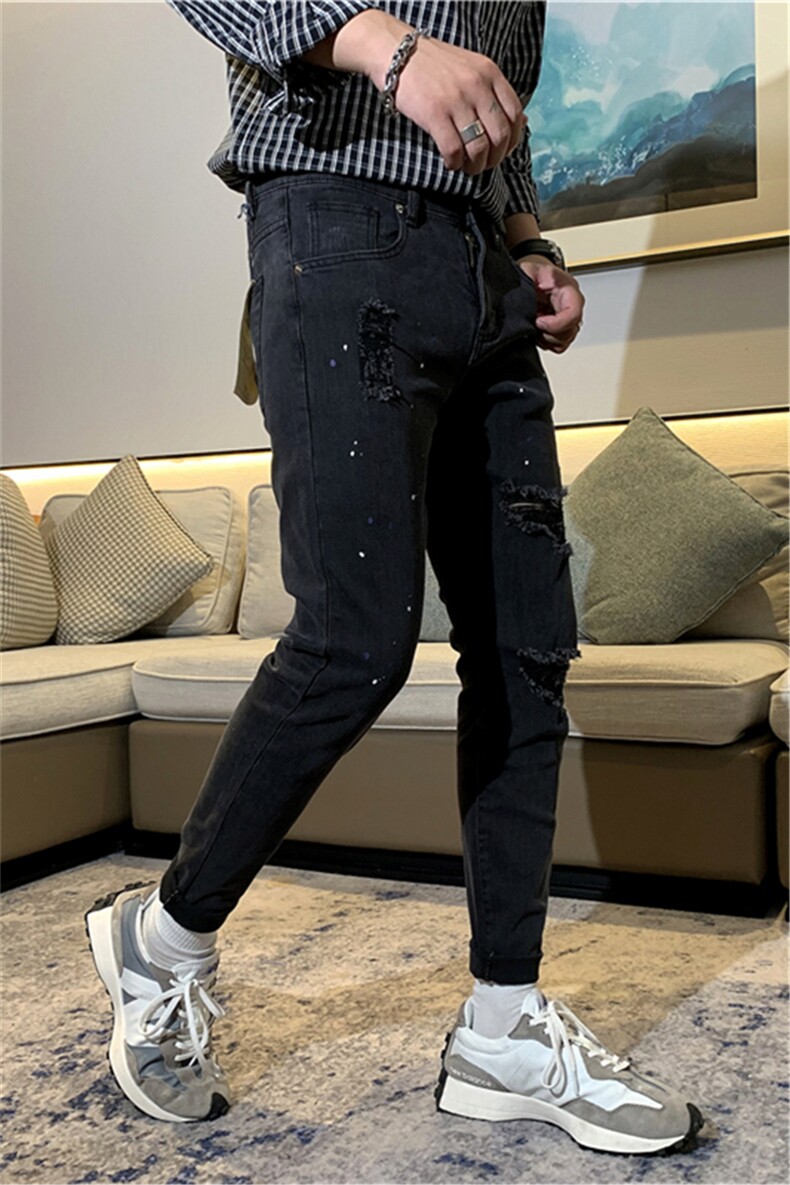B230-6C009P85黑色复古做旧水洗破洞猫须甩油漆修身小脚牛仔裤男,男装牛仔裤,电商B230