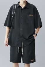 夏新大码凉感冰丝短袖衬衫短裤男透气垂感运动两件套装TZ053-P55，男装休闲套装，电商A082