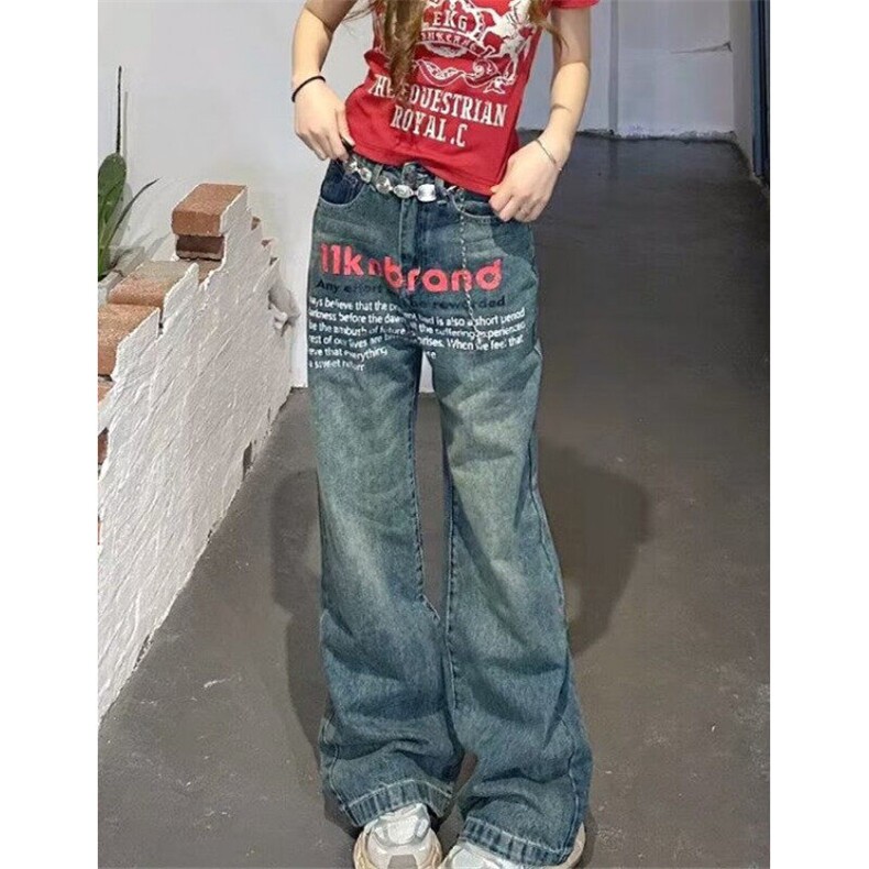 复古牛仔裤男女秋季水洗做旧宽松直筒裤小众设计微喇裤 N0062图片