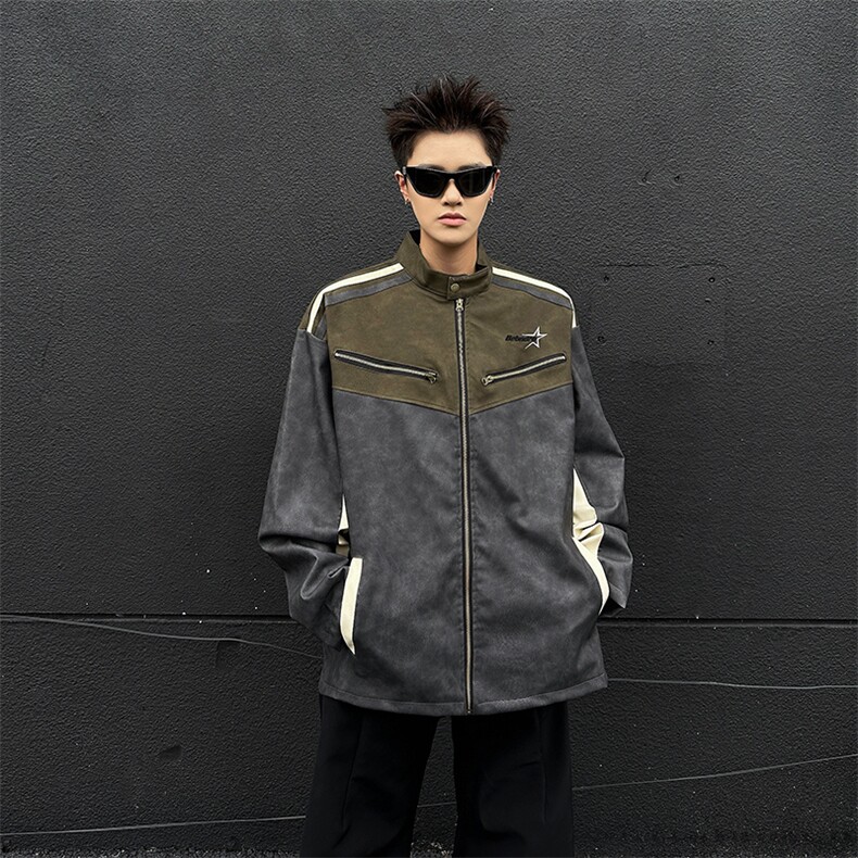 复古机车PU皮麂皮绒立领夹克痞帅街头拼色情侣外套JK08573-P70,男装夹克,星座308B-2