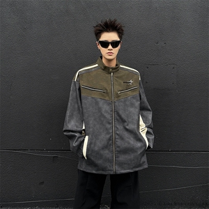 复古机车PU皮麂皮绒立领夹克痞帅街头拼色情侣外套JK08573-P70图片