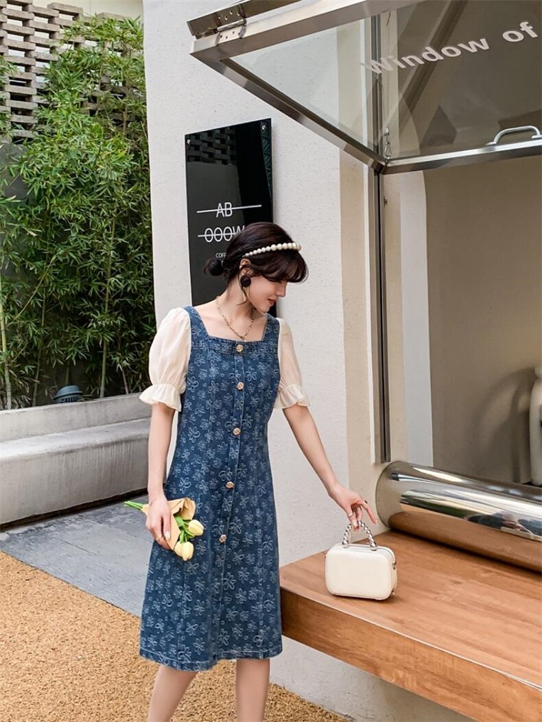 夏季新款工艺牛仔拼接连衣裙，女装连衣裙，蕃米莉