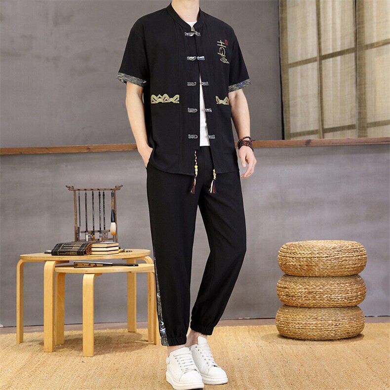 风夏季两件套男士冰丝宽松短袖套装民族男装汉服，男装T恤，星座1206（原A206）
