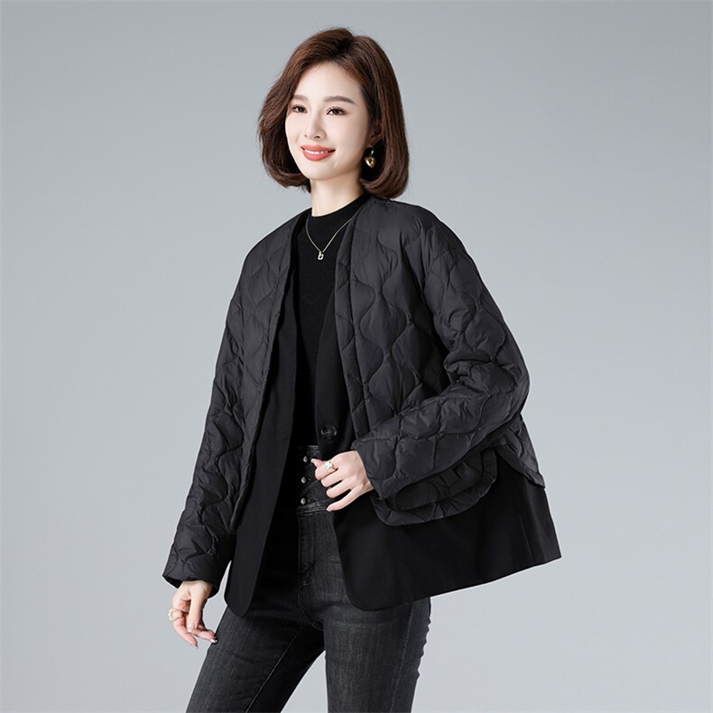 现货2023冬季新款小众设计假两件拼接羽绒服宽松宽松百搭,女装羽绒服,深水步