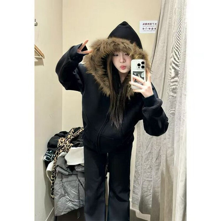 谁穿谁爱!!!【复古毛领】美式拉链开衫连帽卫衣女INS韩版加绒外套,女装短外套,星座218-8