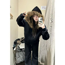 谁穿谁爱!!!【复古毛领】美式拉链开衫连帽卫衣女INS韩版加绒外套，女装短外套，星座218-8