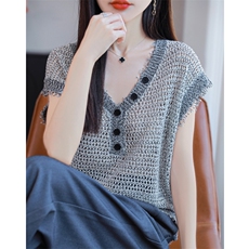 2025夏季新款V领亚麻纽扣无袖T恤针织背心女流苏老钱风设计感上衣，女装针织衫/毛衣，源达羊绒