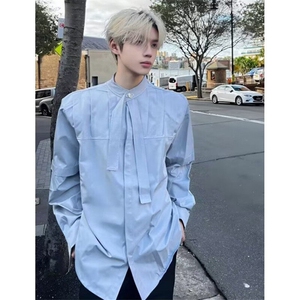 小众解构立体压褶长袖飘带设计感衬衫男宽松慵懒贵气开衫 C327图片
